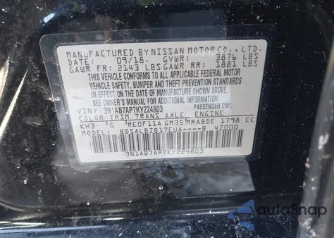 2019 Nissan Sentra S z USA, uszkodzony, nr VIN 3N1AB7AP7KY224803